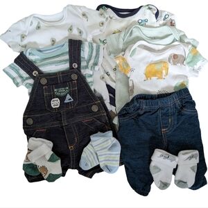 Newborn green/white blue jean baby clothing lot